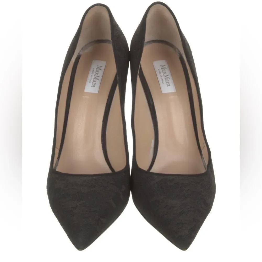 MAXMARA Black Pointed toe Lace Overlay Stiletto Pumps - Picture 3 of 9